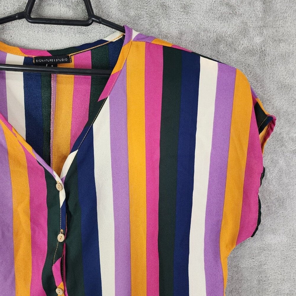 Womens Signature Studio Colorful Striped Blouse Shirt V Neck Button Down S - Picture 3 of 9